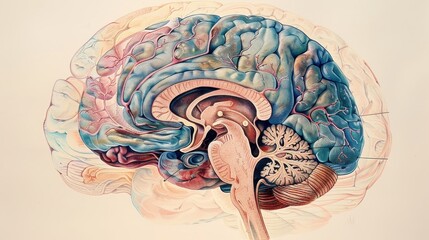 An intricately detailed drawing of the human brain, showcasing its vascular structures and anatomical complexity.