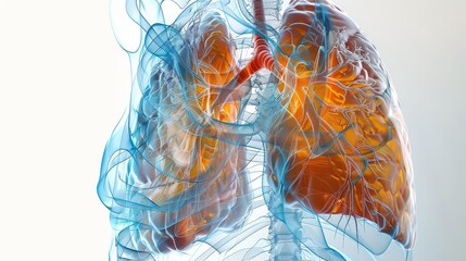 Transparent anatomical model showcasing detailed human lungs intertwined with the cardiovascular system against a white backdrop.