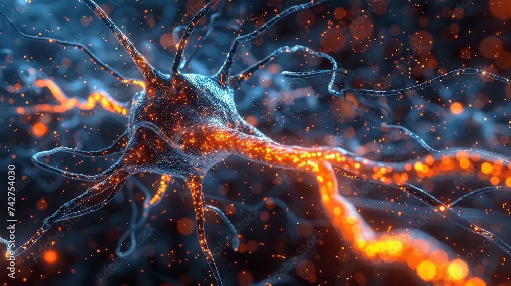 Poster digital rendering of an active neural network with glowing synapses and neural pathways in the brain