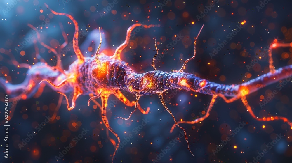 Poster conceptual digital artwork of a neuron with glowing synapses showcasing neural activity in the human