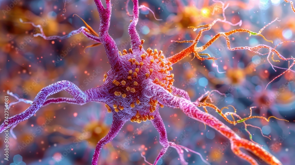 Poster vivid digital art of a neuron with detailed synaptic connections, highlighting neural communication.