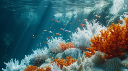 A vivid underwater scene showing a coral reef affected by bleaching, with a noticeable contrast between vibrant healthy corals and bleached, white ones. 8k