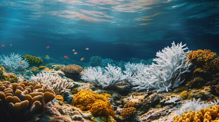 Fototapeta na wymiar A vivid underwater scene showing a coral reef affected by bleaching, with a noticeable contrast between vibrant healthy corals and bleached, white ones. 8k