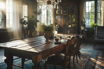 Fototapeta na wymiar Elegant dining area with a rustic wooden table and chandelier.