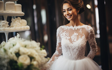 Fototapeta premium detail of the beautiful bride at the wedding in front of the cake.