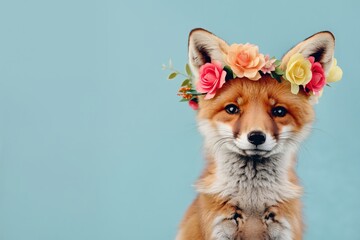 Naklejka premium Fox cub with flower crown on blue background. Cute animal wearing wreath of flowers. Spring nature beauty. Wildlife concept. Design for invitation, greeting card, banner with copy space