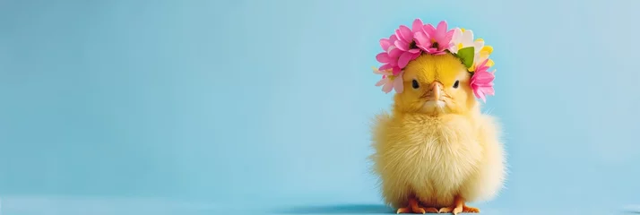 Fotobehang Cute chick with flower crown on blue background. Animal wearing wreath of flowers. Spring nature beauty. Easter holiday concept. Design for invitation, greeting card, banner, header with copy space © dreamdes