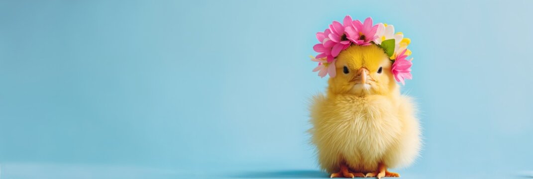 Cute chick with flower crown on blue background. Animal wearing wreath of flowers. Spring nature beauty. Easter holiday concept. Design for invitation, greeting card, banner, header with copy space