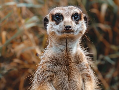 An alert meerkat stands on guard, its upright posture and vigilant gaze capture the essence of wildlife behavior in its natural environment.