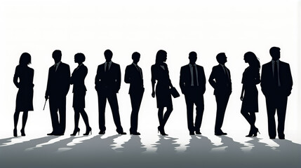 Group of business people standing next to each other in row, silhouetted against white background. - obrazy, fototapety, plakaty