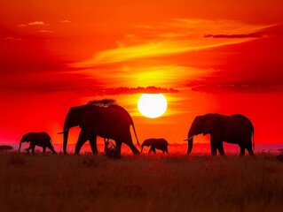 Silhouettes of elephants are set against a radiant sunset, creating a striking scene on the African plains.