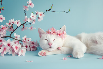 White cat with cherry blossoms on blue background. Cute pet wearing wreath of flowers. Spring nature beauty. Easter holiday concept. Design for invitation, greeting card, banner 