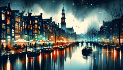 Amsterdam night aquarelle painting - obrazy, fototapety, plakaty