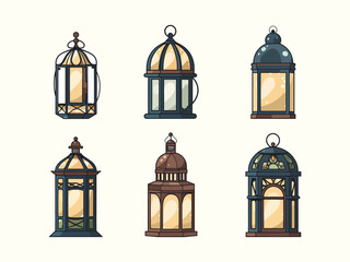 Arabic lanterns collection set. Colorful Flat design Ramadan vintage decorative icons. Muslim antique lamp isolated stock vector illustration objects
