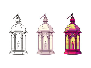 Obraz premium Arabic lanterns collection set. Colorful silhouette line and watercolor design Ramadan vintage decorative icons. Muslim antique lamp isolated stock vector illustration objects