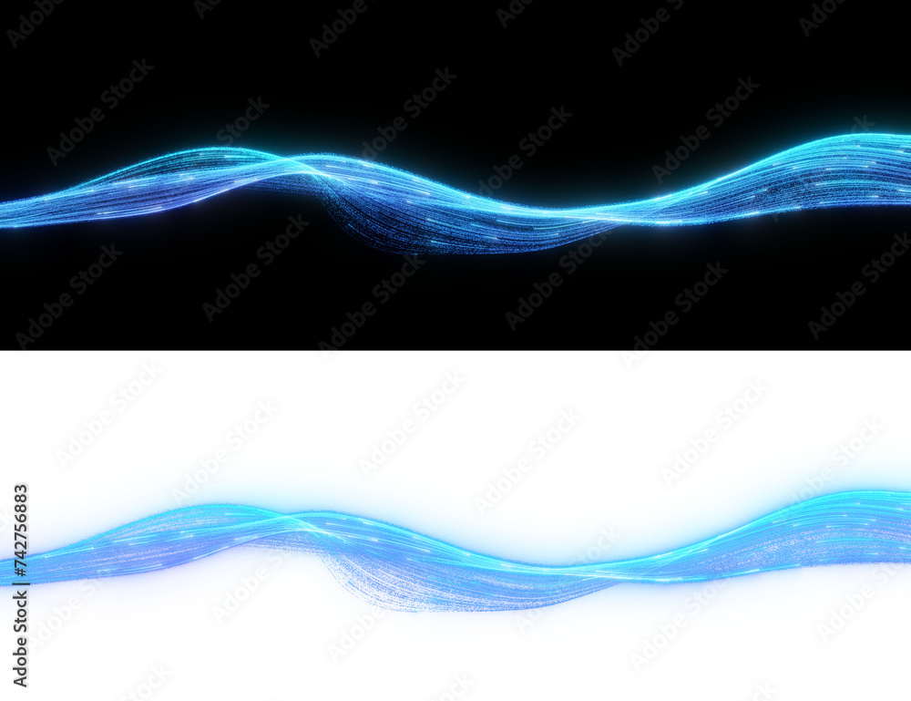 Poster strand of blue light float isolated on black, curves, fluidity of data streams in a virtual space, p