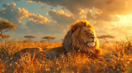 A regal male lion lies in the savanna grass, his gaze fixed in the distance as the sun sets,...