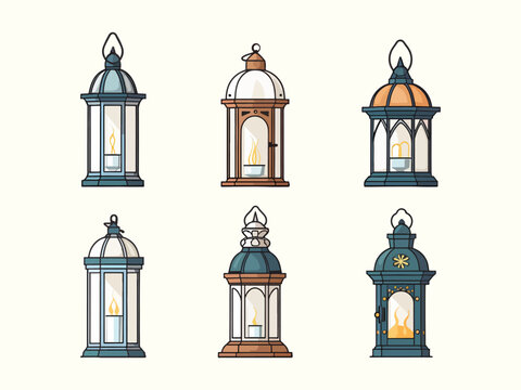 Arabic lanterns collection set. Colorful Flat design Ramadan vintage decorative icons. Muslim antique lamp isolated stock vector illustration objects
