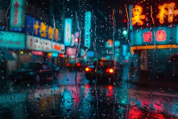 The city streets are slick with rain as neon signs illuminate the night. Buildings stand tall against the dark sky, casting reflections in the wet pavement. Generative AI
