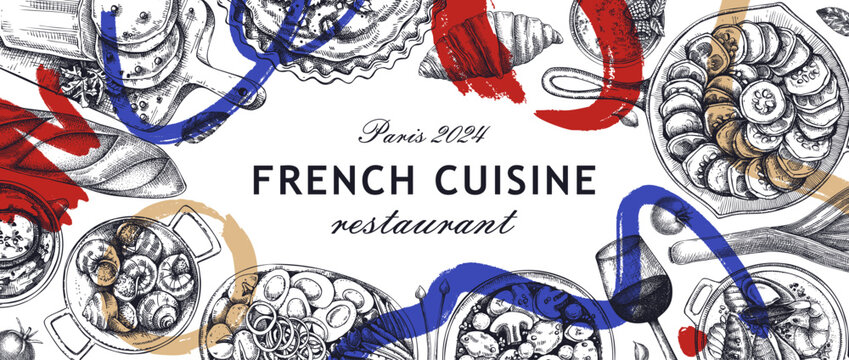 French food background in collage style. Traditional food from France sketches. European cuisine restaurant menu design template. Hand-drawn vector illustration, NOT AI generated