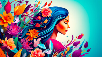 Painting of woman with long hair and flowers in her hair, with blue background.