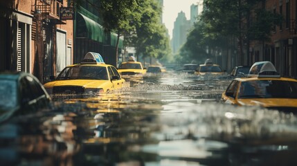Streets of a generic city flooded with water after heavy rains, showing vehicles and buildings...