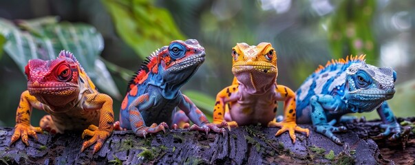 A row of colorful iguanas displaying a spectrum of vivid hues, resting on a moss-covered log in the forest.