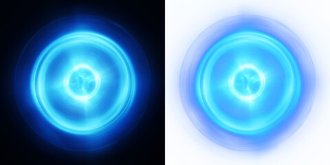 Electric blue energy orb radiating a powerful glow, perfect for dynamic overlays. Isolated on black and transparent, 3D render - 742757646