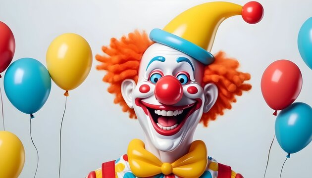 April fool's day. Crazy funny illustrations of a laughing clown in a cap, a toy on a spring, glasses with a nose and a smile, balloons for a poster, background generative ai.