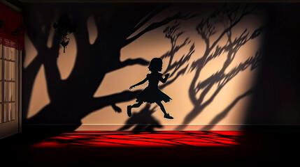 Shadow of girl running in front of tree and red carpet.