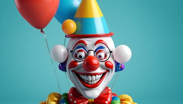  April fool's day. Crazy funny illustrations of a laughing clown in a cap, a toy on a spring, glasses with a nose and a smile, balloons for a poster, background generative ai.