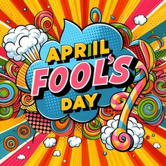  April Fool's Day pop art comic banner template. Vector funny postcard. Decorative swirl stripes background for april fool's holiday in bright juicy colors creative with genertive ai.