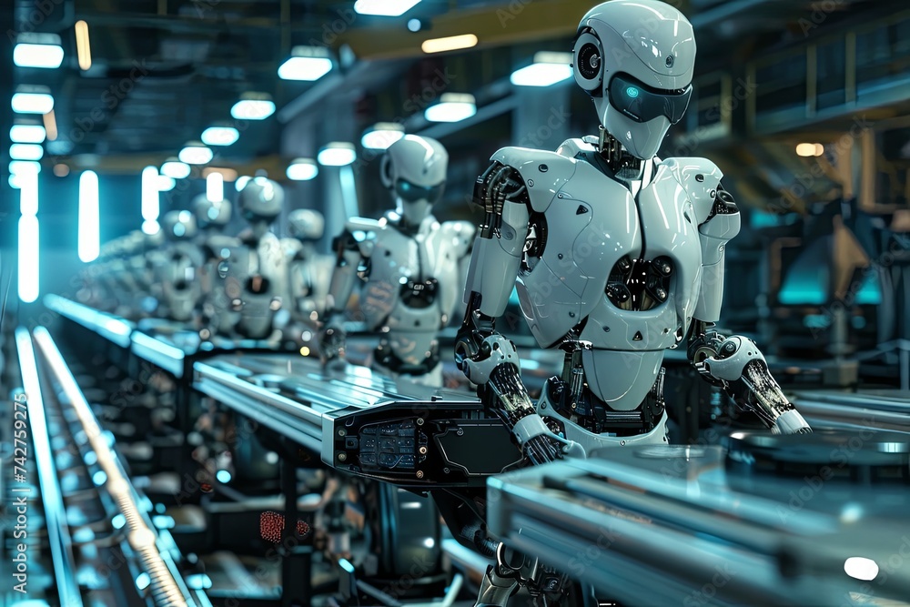 Poster a straight line of mechanical robots is progressing methodically on a conveyor belt in an industrial