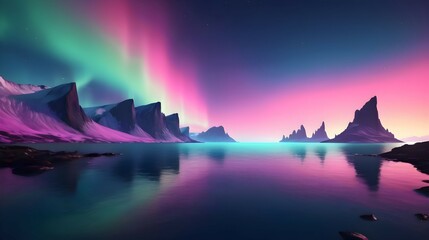 3d render, abstract panoramic background. Seascape with cliffs under the pink blue night gradient sky with northern lights, fantasy scenery wallpaper with Aurora Borealis
