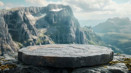 A rugged octagonal stone platform stands prominently against the backdrop of towering, majestic mountains under a clear sky. - obrazy, fototapety, plakaty