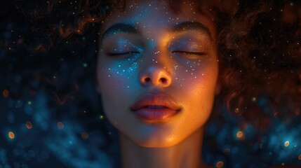 A woman with cosmic-themed makeup closed eyes, and stars across her face, evoking a dreamy mood