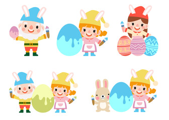 Easter gnomes with bunny rabbit ears, Cute woman wearing bunny ears and Easter eggs