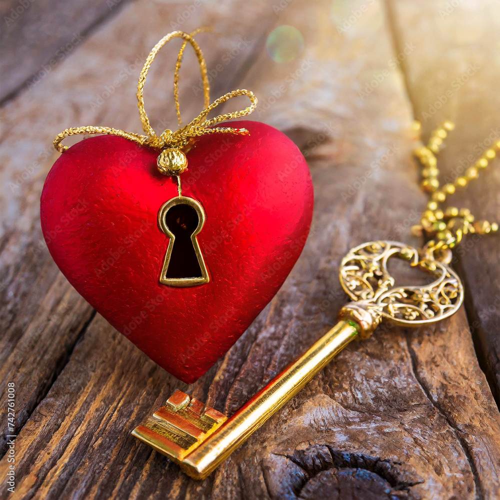 Poster closeup of a red heart with keyhole and golden key on a wooden background with copy space. generativ