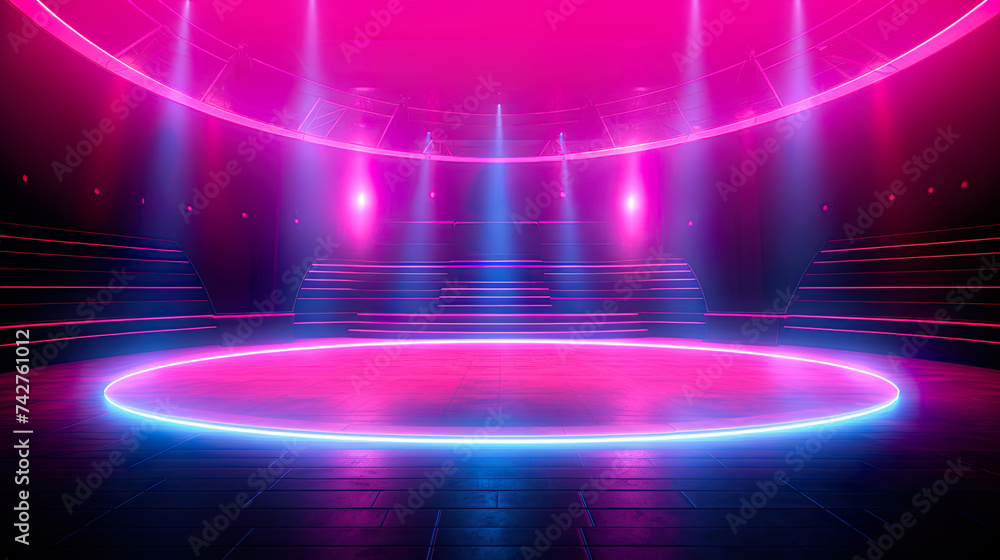 Poster background of an empty dark sky-fi stage at night. neon lighting. reflection of ultraviolet light.