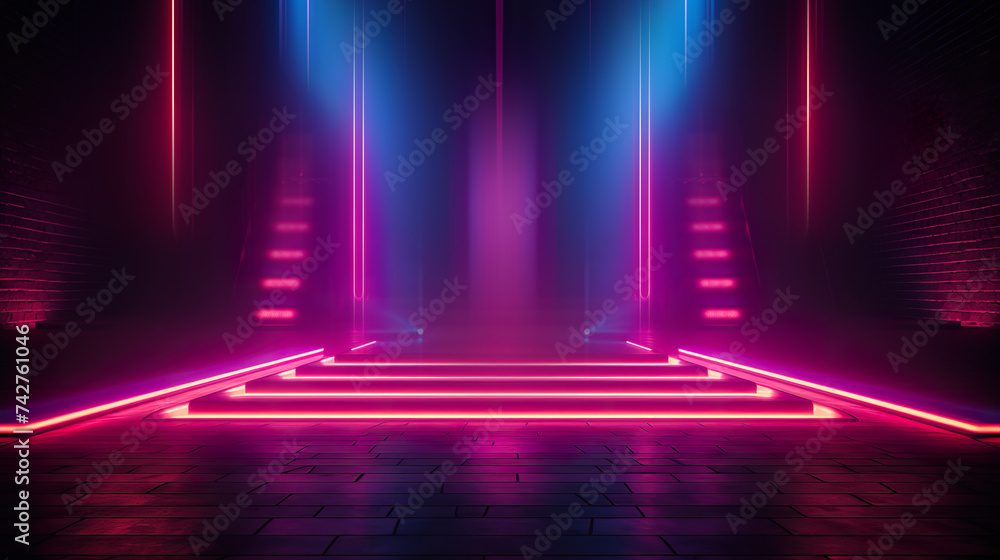 Poster background of an empty dark sky-fi stage at night. neon lighting. reflection of ultraviolet light.