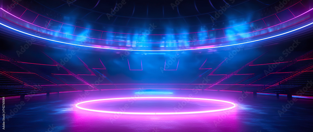 Poster Background of an empty dark Sky-Fi stage at night. Neon lighting. Reflection of ultraviolet light.