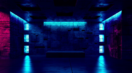 Neon light figures on a dark abstract background. Neon lamps on a brick wall in a dark room - obrazy, fototapety, plakaty