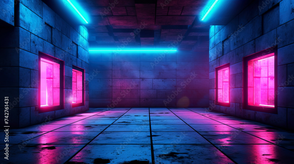 Aufkleber background of an empty dark sky-fi stage at night. neon lighting. reflection of ultraviolet light.