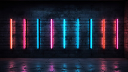 Neon light figures on a dark abstract background. Neon lamps on a brick wall in a dark room - 742761618