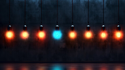 Neon light figures on a dark abstract background. Neon lamps on a brick wall in a dark room - 742761676