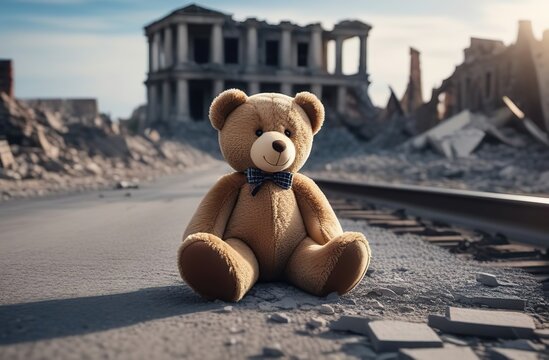 Children's soft toy bear is located among ruins of residential buildings at sunset. Strong, emotional image of consequences of war, reminiscent of vitality and optimism in most difficult situations. 