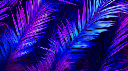 Ultraviolet neon palm leaves on a dark background. Tropical glowing plants - 742761820