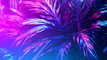 Ultraviolet neon palm leaves on a dark background. Tropical glowing plants - 742761822