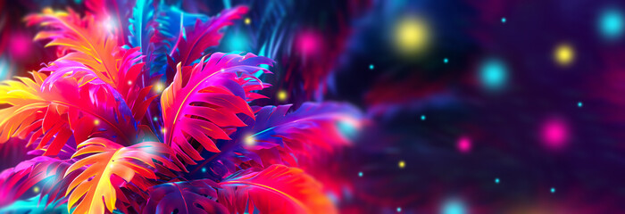 Bright multi-colored neon flowers on a dark background. Tropical glowing plants - 742761851