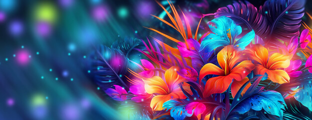 Bright multi-colored neon flowers on a dark background. Tropical glowing plants - 742761878